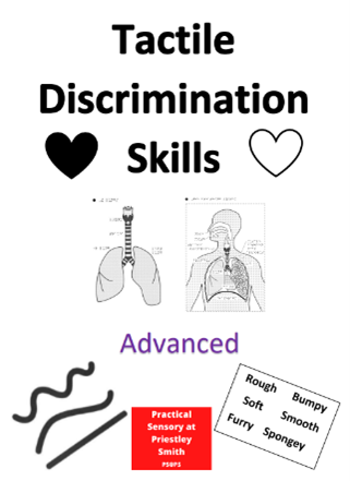 A booklet cover titled “Tactile Discrimination Skills, Advanced,” with heart icons, anatomical line drawings, and words like rough, soft, smooth, bumpy and furry.