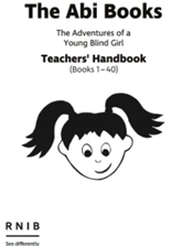 A book cover titled “The Abi Books: The Adventures of a Young Blind Girl, Teachers’ Handbook,” with a simple line drawing of a girl’s face with pigtails.