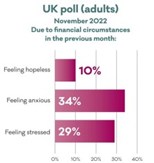 Bar chart titled 'UK poll (adults) November 2022: Due to financial circumstances in the previous month'. It shows three emotional responses with corresponding percentages: 'Feeling hopeless' at 10%, 'Feeling anxious' at 34%, and 'Feeling stressed' at 29%. Bars are shaded in pink with percentage values displayed inside each bar.