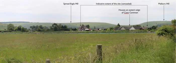 Viewpoint 5: View looking south west from the public bridleway extending north east from Cann Common. The trees of Dinah’s Hollow within the site boundary are set down on lower lying Indicative visible extent of site land to the south west of Cann Common and concealed from view.