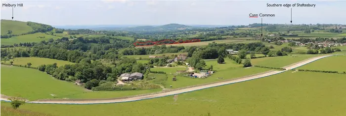 Viewpoint 7: View looking west from the open access land on the eastern slopes of Breeze Hill. The eastern edge of the trees within the site boundary are visible in the middle distance.  Many of the larger trees along this edge will be retained but it is likely that a reduction in the overall extent of the tree canopies will be perceptible, viewed against the backdrop of nearby tree lines located to the west of Dinah’s Hollow. The red outline indicates the extent of    View looking north west from the public the tree canopies within the site boundary.