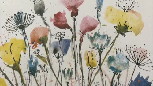 Abstract watercolour painting of tall wildflowers with loose ink outlines in soft pink, yellow, blue, and green tones.