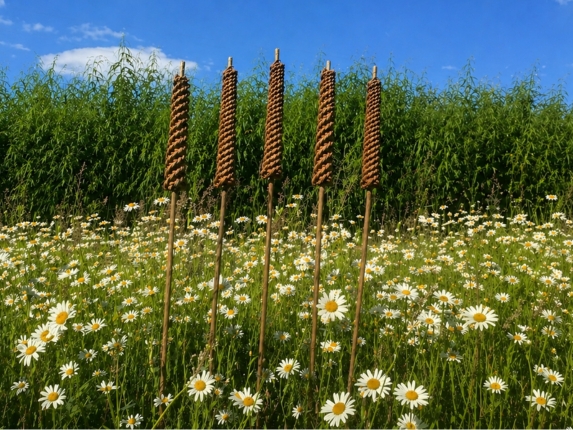 Weaved willows standing tall within a field of daisies
