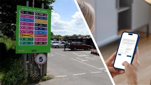 Dorchester household recycling centre, woman using smartphone