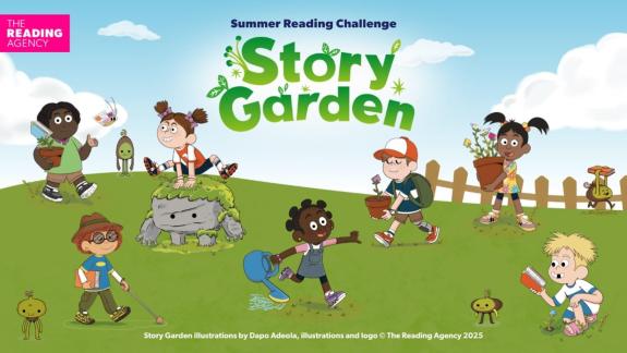 Cartoon images of children taking part in activities i the garden. Text reads The Reading Agency Summer Reading Challenge 2025, 'Summer Garden'.