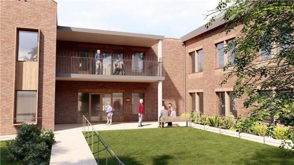Artist impression of new Bridport Reablement Centre, 2 storey building with inset balcony walkway