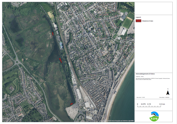 Aerial view of Radipole lake showing thress areas for reed and weed clearance. One is close to the swannery car park and the other two parallel to Radipole Park Drive.