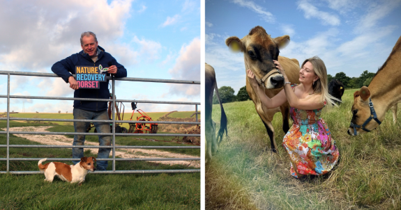 This is an image of Tim Gelfs on his farm and Co-host Lizzie McLaughlin with one of beloved cows