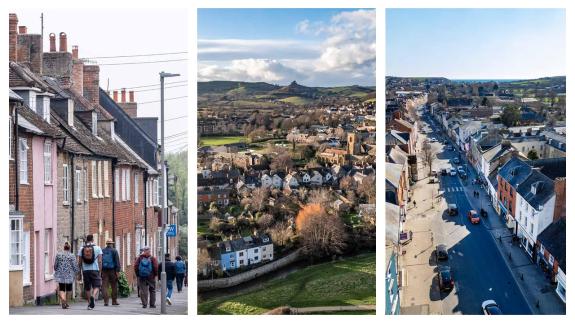 A three-image collage of a Dorset town. Left image: A narrow pavement lined with terraced brick cottages with tiled roofs and multiple chimney stacks. Several pedestrians walk away from the camera along the street, passing pastel-painted house fronts and