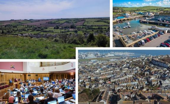A four-image collage showing Dorset’s countryside, a busy harbour, a council chamber meeting, and a densely built coastal town with a marina.