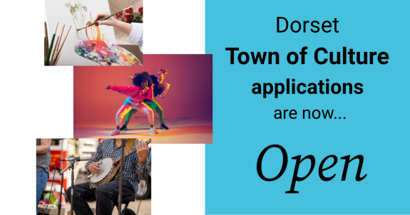 Three images of cultural events are on the left and text about applications being open is on the right in a blue box