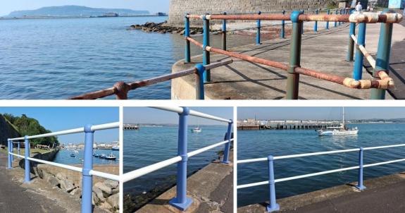 One photo of old rusty harbour railings along the top of the image and on the bottom half are 3 photos of newly restored and painted railings from different sections of the pier