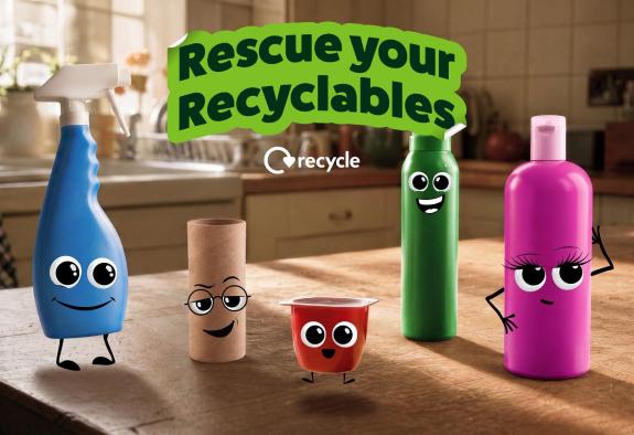 Recycle week campaign graphic showing cartoon characters