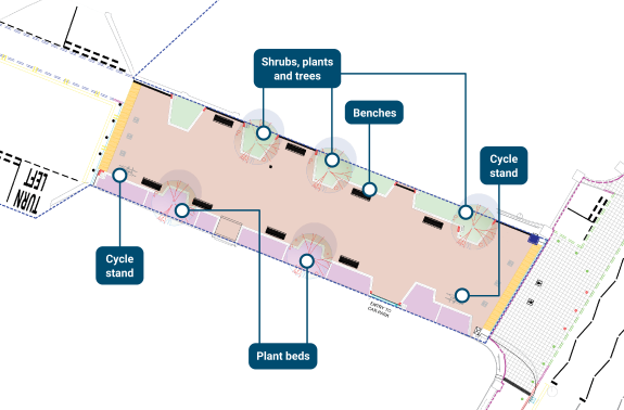 A drawing of the layout of the benches, plant beds and cycle stands in the pedestrianised area